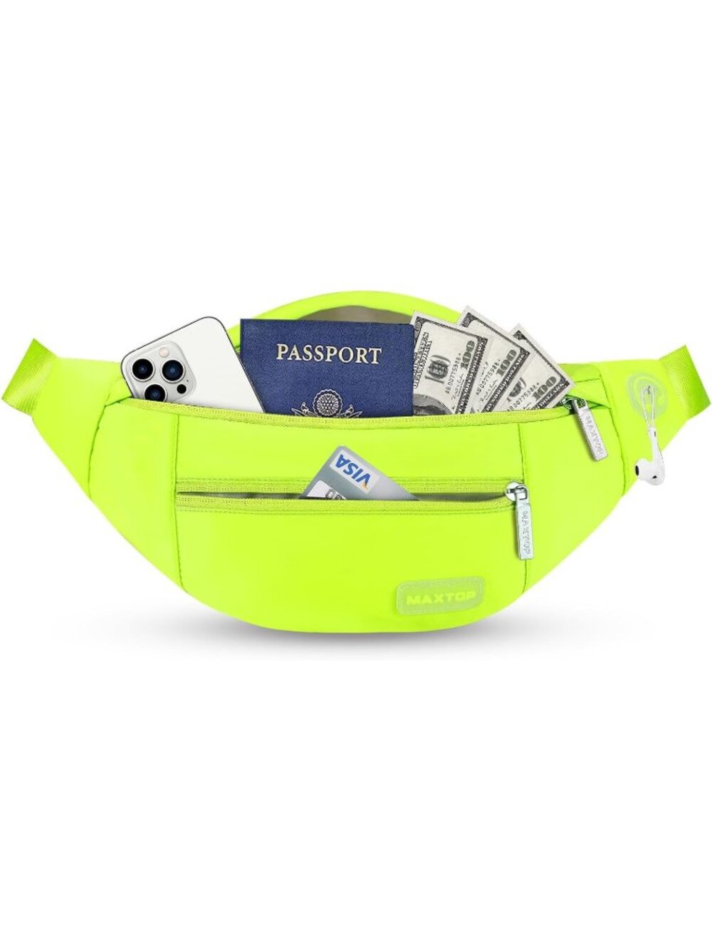 Men's Neon Green Large Crossbody Fanny Pack With 4-Zip Belt Bag Waist Pack